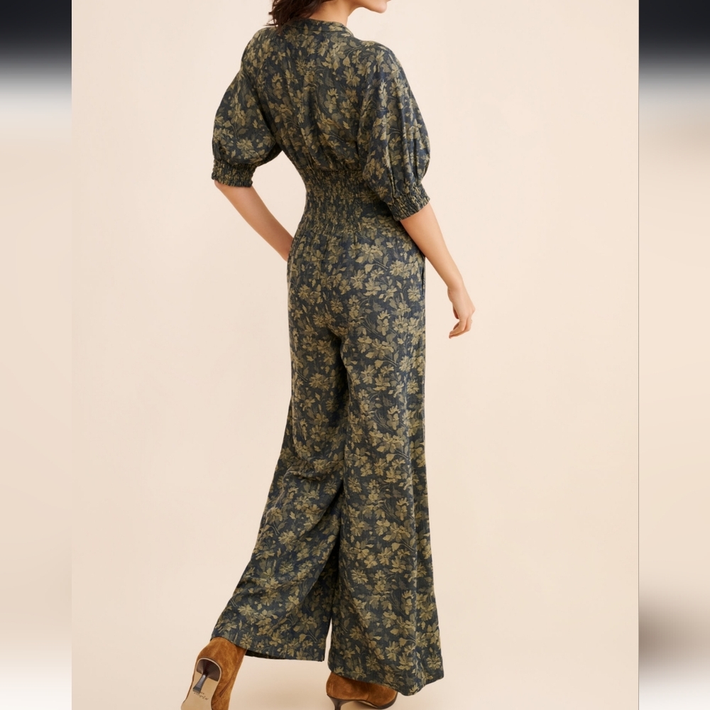 Anthropologie Floral Jumpsuit in Blue and Olive - Picture 2 of 6